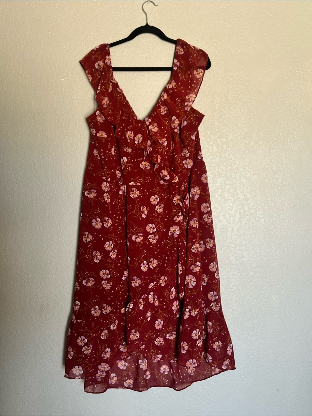 Lily Rose Floral Faux Wrap Mini Dress Rust Floral 3X Ruffle Neck Boho Romantic